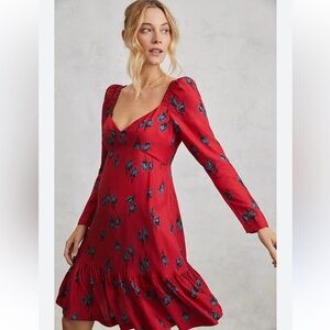 Hope for Flowers Tracy Reese Red Floral Sweetheart Mini Dress Long Sleeve Size S